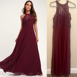 Lulus XL Dance All Evening Burgundy Lace Halter Neckline Maxi Formal Dress